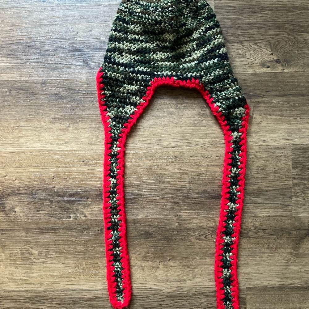 Crochet Earflap Hat with Red Trim